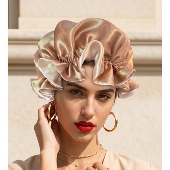Handmade Accessories - Reversible Satin Sleep Bonnet Hat – Brown& Champagne – Extra Large, Elastic Fit